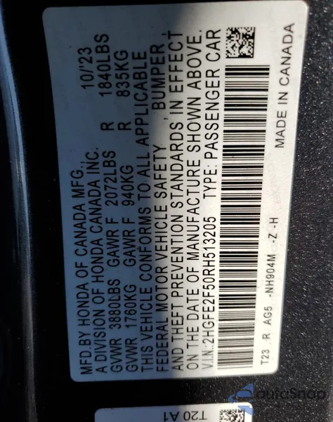 2024 Honda Civic Sport z USA, uszkodzony, nr VIN 2HGFE2F50RH513205